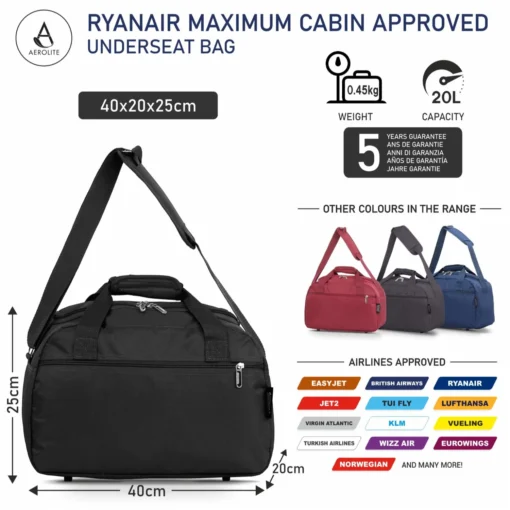 Чанта за ръчен багаж Aerolite 40x20x25 см (сак) | Одобрена за Ryanair & Wizz Air
